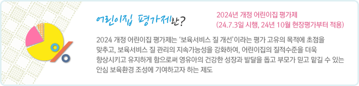 어린이집 평가제란 2019년 6월 12일부터 어린이집 평가제가 시행 됨. 전체 어린이집의 질 관리를 위하여 평가를 통해 보육의 질적 수준을 향상 시키고 유지하게 함으로써 영유아의 안전과 건강,